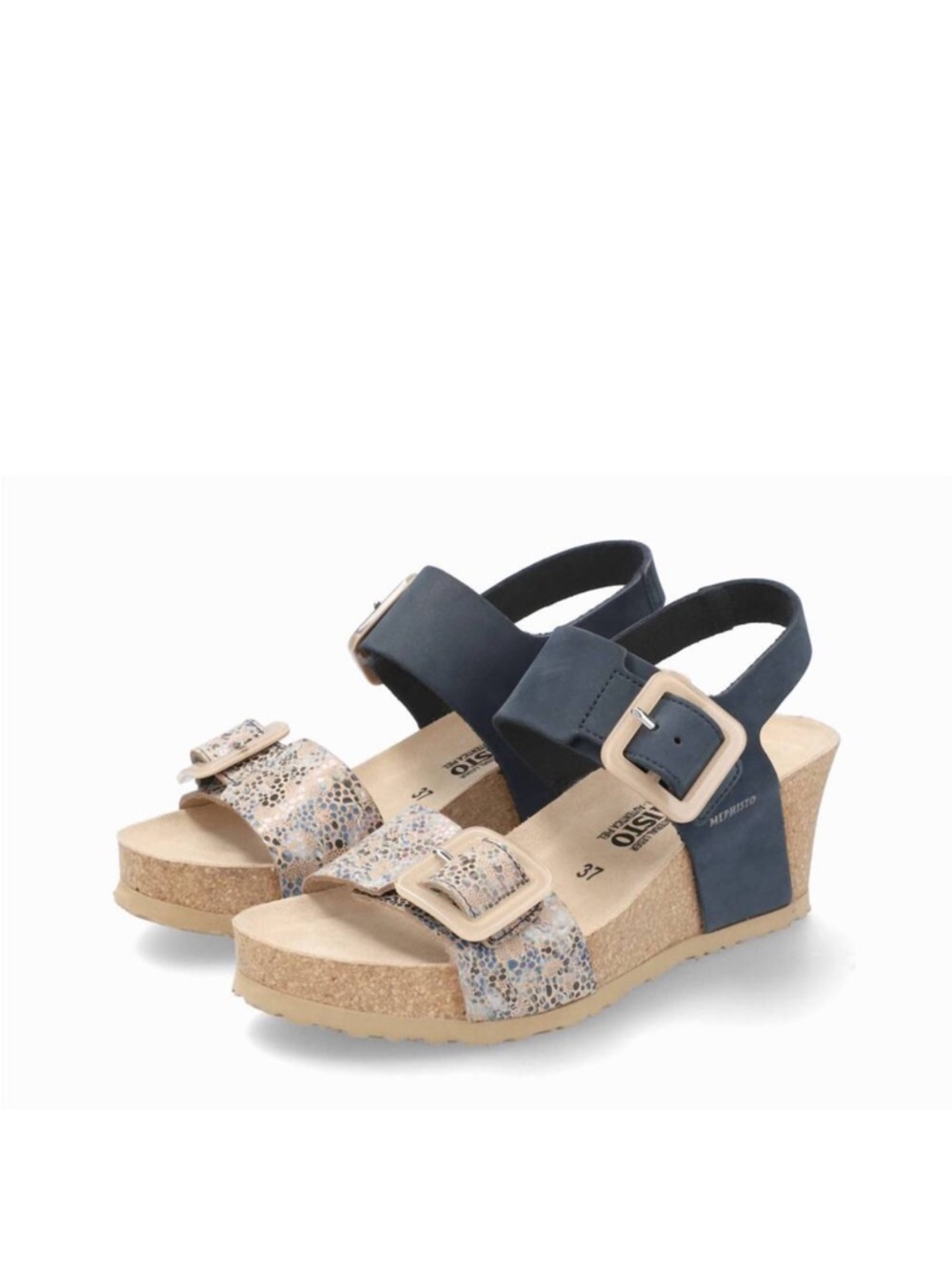 Mephisto Women's lissia Navy and Beige Cork Wedge Sandal with Buckles - Picture 3 of 10